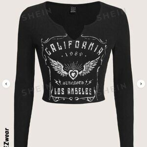 California Graphic Letter Notched Neck Crop Tee - Long Sleeve